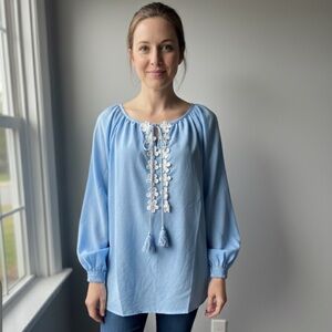 Blue Floral Embroidered Women's Top